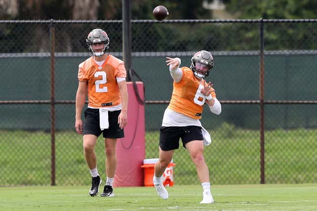 How could Bucs fans not be excited about Kyle Trask (l.) or Baker Mayfield at QB?