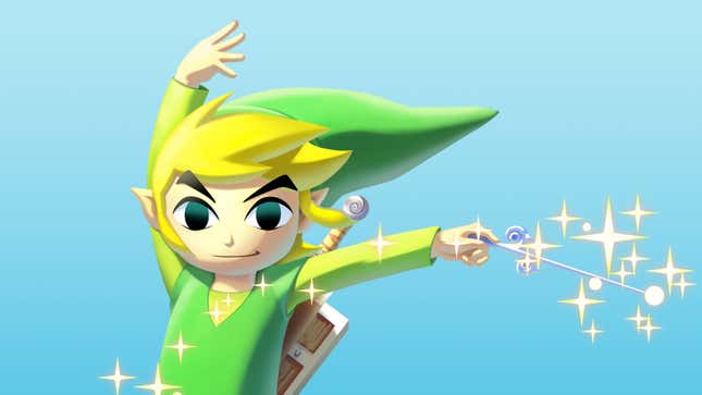 Link waves the Wind Waker in key art for The Legend of Zelda: The Wind Waker.
