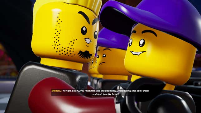 A screenshot of a cutscene in Lego 2K Drive with two characters talking.