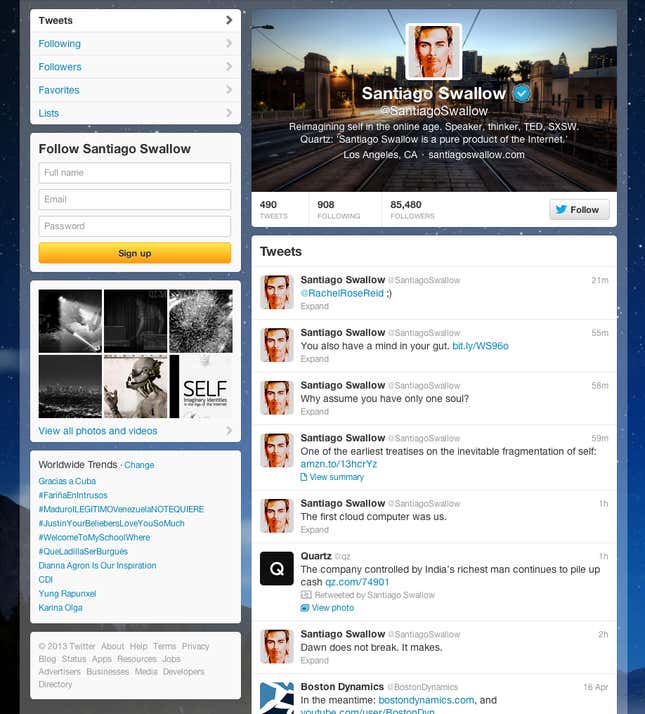 This is what Santiago Swallow’s Twitter feed looked like.