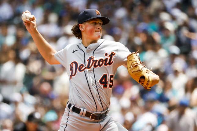 Jul 16, 2023; Seattle, Washington, USA; Detroit Tigers starting pitcher Reese Olson (45) throws against the Seattle Mariners during the first inning at T-Mobile Park.