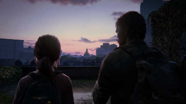Joel and Ellie look toward Boston's capitol building in a moment from the game The Last of Us.