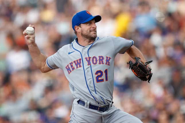 May 26, 2023; Denver, Colorado, USA; New York Mets starting pitcher Max Scherzer (21) pitches in the second inning against the Colorado Rockies at Coors Field.