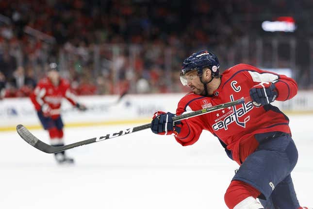 Mar 17, 2023; Washington, District of Columbia, USA; Washington Capitals left wing Alex Ovechkin (8) shoots the puck against the St. Louis Blues in the third period at Capital One Arena.