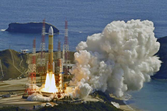 Japan’s H3 rocket lifts off from Tanegashima Space Center in Kagoshima, March 7, 2023. The second stage engine failed to ignite, resulting in the destruction of the vehicle. 