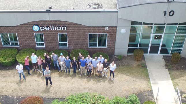 A drone photo of Pellion’s team outside their headquarters in Woburn, Massachusetts. Dave Eaglesham is standing in front.