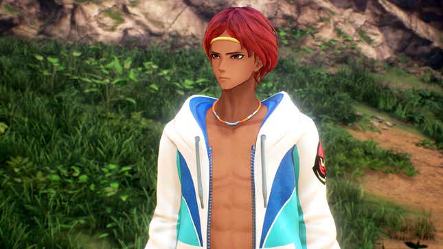 A man standing on a grassy hill wearing an open hoodie and no shirt in Tales of Arise