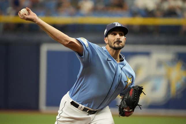 Apr 23, 2023; St. Petersburg, Florida, USA; Tampa Bay Rays starting pitcher Zach Eflin (24) throws in the first inning against the Chicago White Sox at Tropicana Field.