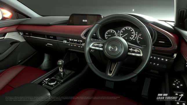 Al igual que en la vida real, la cabina del Mazda3 es un lugar encantador para estar en GT7.