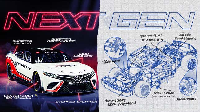 Blueprint-style illustration detailing the biggest changes on NASCAR’s Next-Gen machines.