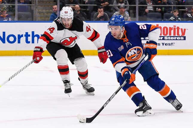 Mar 27, 2023; Elmont, New York, USA;  New York Islanders center Kyle Palmieri (21) shoots and scores off the backhand against the New Jersey Devils during the second period at UBS Arena.