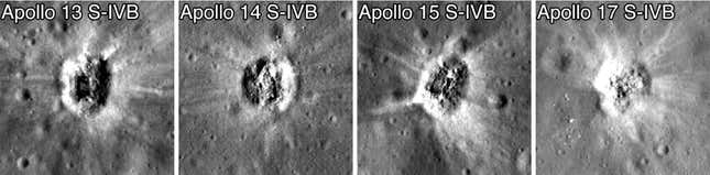 Four examples of craters formed by Apollo rocket bodies—none exhibiting the double crater.