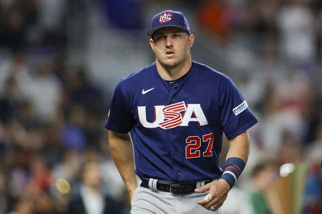Mar 21, 2023; Miami, Florida, USA; USA center fielder Mike Trout (27) looks on prior to the game against Japan at LoanDepot Park.