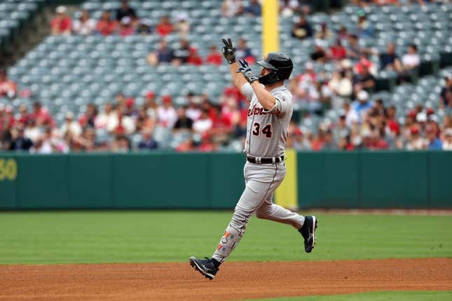 Sep 17, 2023; Anaheim, California, USA; Detroit Tigers catcher Jake Rogers (34) runs around bases after hitting a three-run home run during the third inning against the Los Angeles Angels at Angel Stadium.