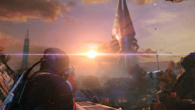 Commander Shepard spots a Reaper in the distance on an alien planet.