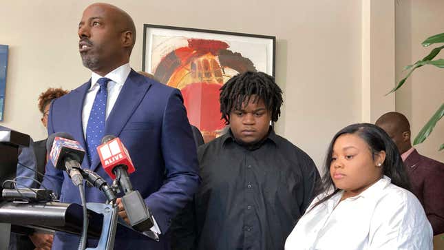 Cory Lynch (left), the attorney for Treveon Isaiah Taylor Sr (center) and Jessica Ross (right) at a press conference on Aug. 9. Taylor and Ross’ baby, Treveon Isaiah Taylor Jr., died and was allegedly decapitated during childbirth last month.