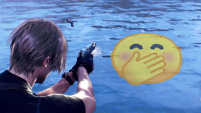 A man shoots a pistol into a large, blue lake that contains a snickering emjoi face. 