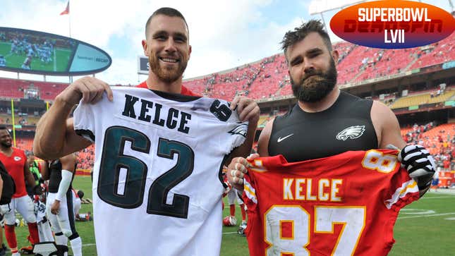 Kansas City Chiefs tight end Travis Kelce, left, and his brother, Philadelphia Eagles center Jason Kelce (62), exchange jerseys following an NFL football game