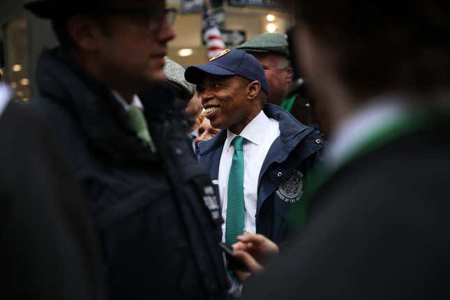 New York Mayor Eric Adams participates in the St. Patrick’s Day Parade down 5th Ave. on March 17, 2022, in New York City. 