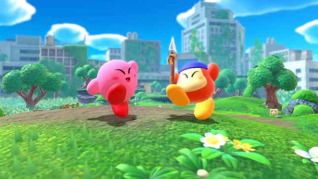 A screenshot from Kirby and the Forgotten Land depicting Kirby and Bandana Waddle Dee celebrating together.