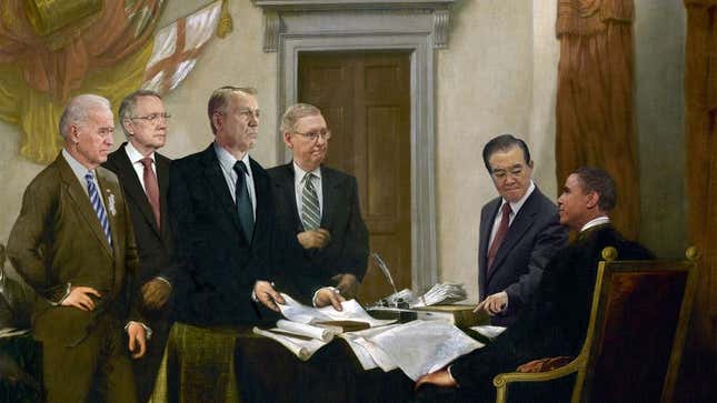 An artist’s depiction of the momentous signing of the Declaration of Dependence.
