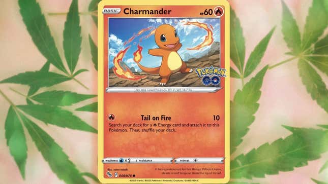 Charmander is seen smiling and surrounded by swirling flames under a blue sky on a Pokémon card shown against a pot leaf background.