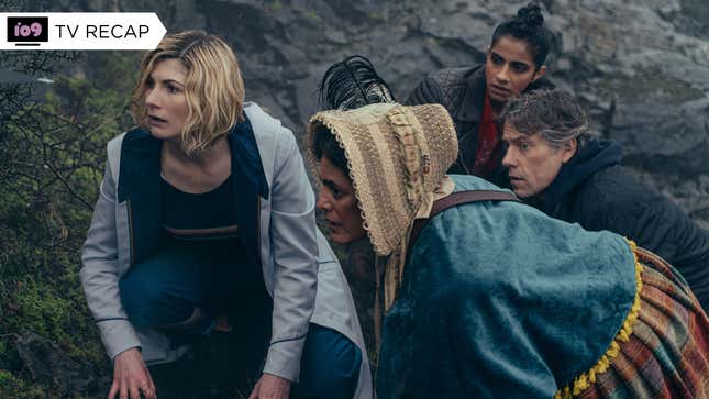 The Doctor, Mary Seacole, Yaz, and Dan look over a rocky outcrop at something unseen.