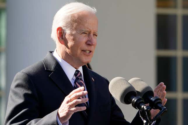 President Joe Biden speaks after signing the Emmett Till Anti-Lynching Act in the Rose Garden of the White House, Tuesday, March 29, 2022, in Washington.
