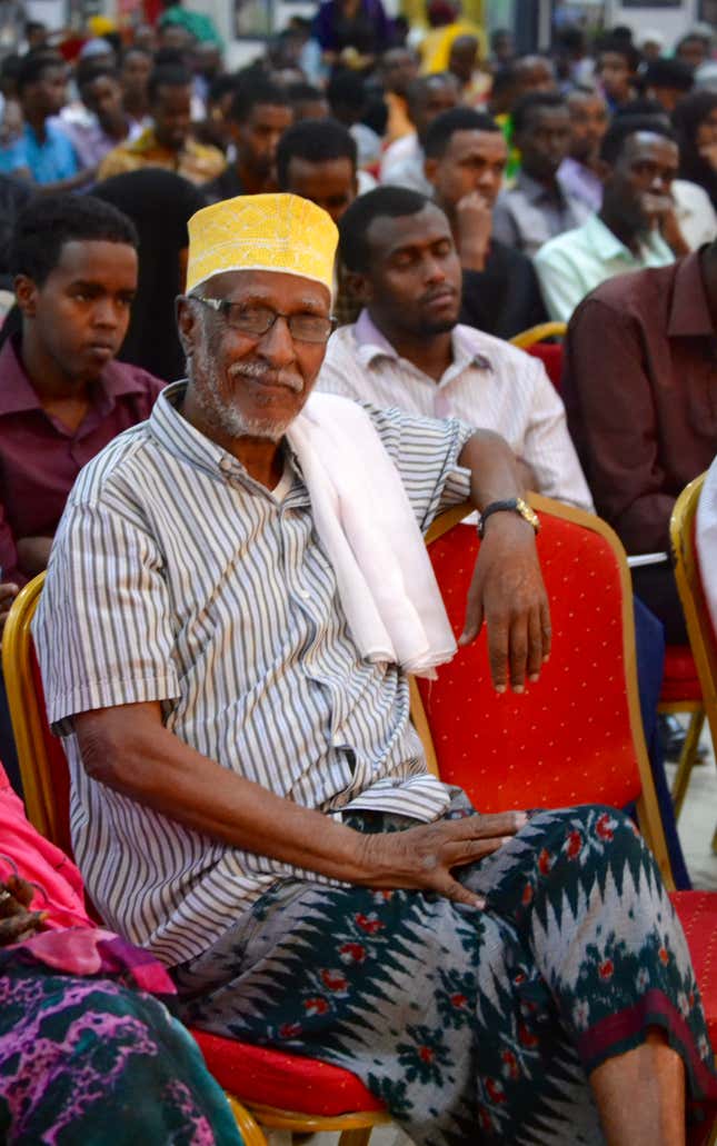 Somali poet Hadrawi enjoying poetry presented by one of his successor’s, Hasan Ganay