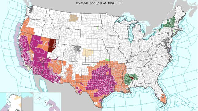 Heat wave throughout the lower half of the U.S. on July 13, 2023.