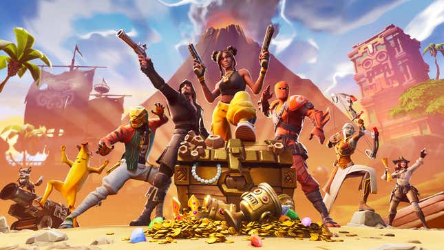 A group of Fortnite characters stand together in front of a volcano and near a large pirate chest. 