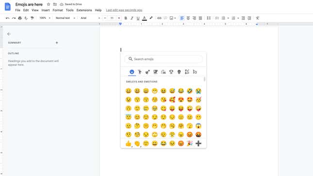 Image for article titled Google Docs Now Has an Emoji Shortcut