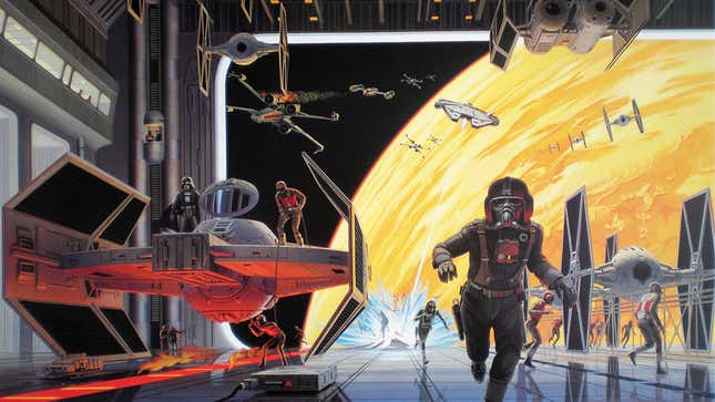 A fleet of Rebel starfighters, and the Millennium Falcon, launch an attack on an Imperial hangar as TIE Pilots and Darth Vader scramble to their own ships.