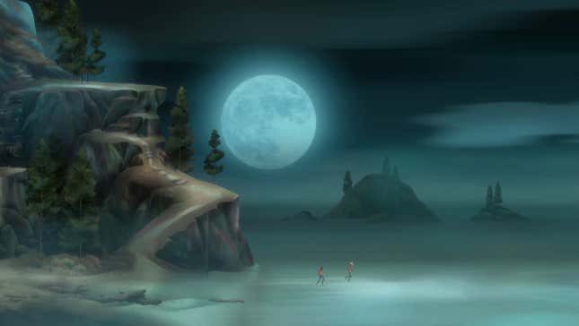 Riley and Jacob are seen walking along a beach, a hilly path just to their left with the moon looming large in the sky behind.