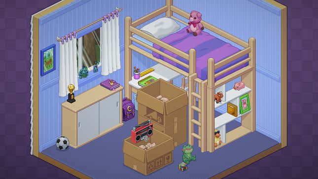 Boxes clutter a room with a bunk bed in Unpacking on Xbox Game Pass.
