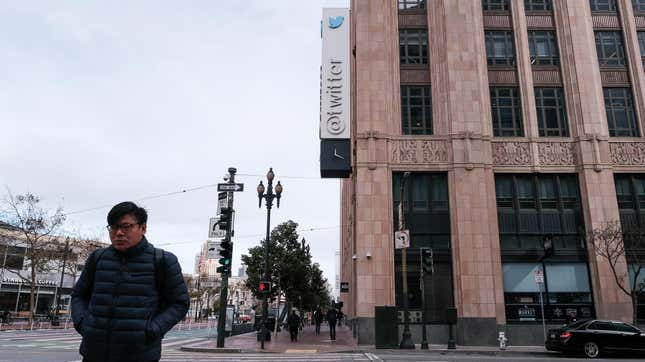 Twitter headquarters stands on the intersection of Market Street and 10th Street on November 4, 2022 in San Francisco, California. Twitter Inc reportedly began laying off employees across its departments