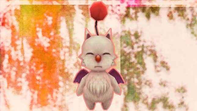 A Moogle in FFIX stands in front of a colorful background.