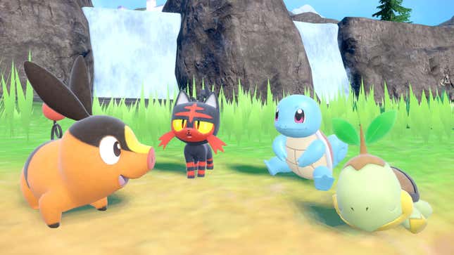Tepig, Litten, Squirtle, and Turtwig are shown vibing together in front of a waterfall.