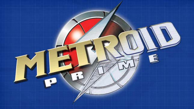 The Metroid Prime logo half-finished and partially colored on a blue background. 