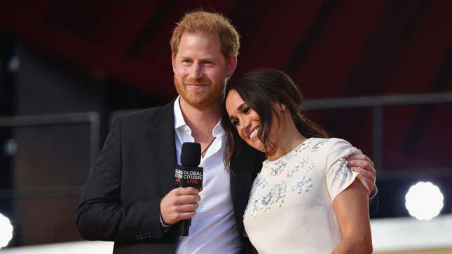 Prince Harry and Meghan Markle speak during the 2021 Global Citizen Live festival in Central Park on September 25, 2021 in New York City.