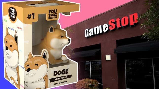 A Doge vinyl figure sits in a display box staring at a GameStop store marquee. 