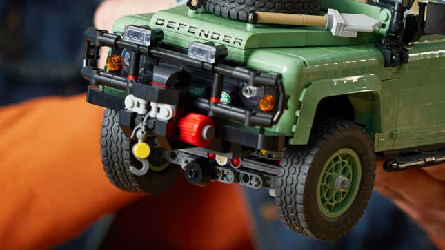 A close-up of the Lego Land Rover Defender 90's swappable front bumper featuring a working winch.