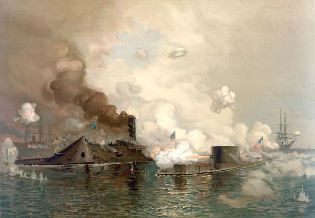 USS Monitor engaging CSS Virginia, March 9th, 1862. A lithograph signed “Jo Davidson”.