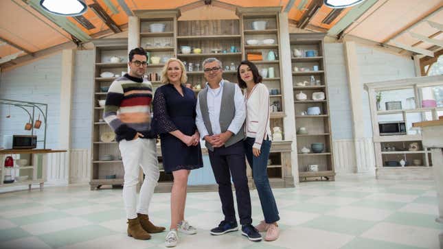 The season one cast of The Great Canadian Baking Show: Dan Levy, Rochelle Adonis, Bruno Feldeisen, and Julia Chan