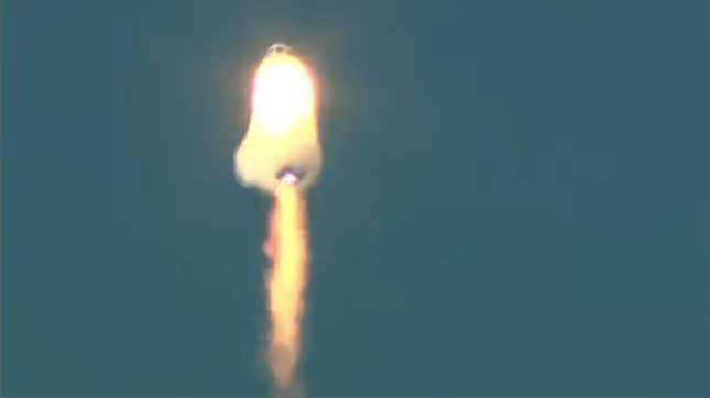 The New Shepard rocket appeared to be completely enveloped in flame, prior to the capsule ejecting from the launch vehicle.