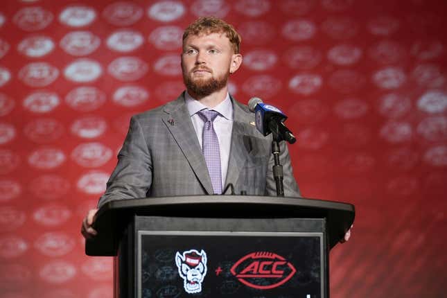 Jul 27, 2023; Charlotte, NC, USA; N.C.State quarterback Brennan Armstrong answers questions from the media during the ACC 2023 Kickoff at The Westin Charlotte.