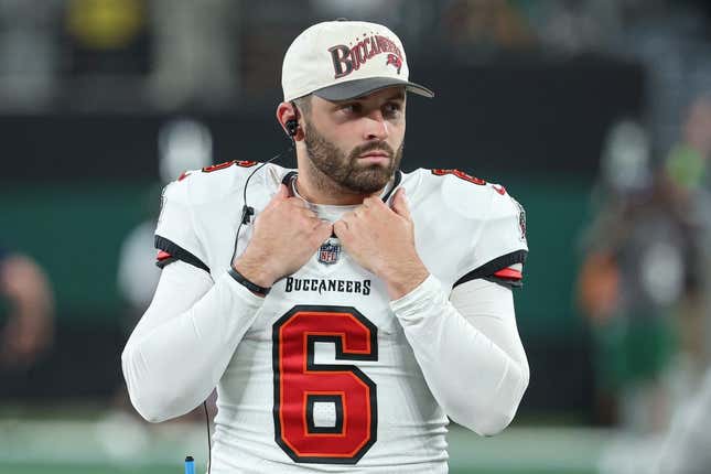 Aug 19, 2023; East Rutherford, New Jersey, USA; Tampa Bay Buccaneers quarterback Baker Mayfield (6) looks on against the New York Jets during the second half at MetLife Stadium.