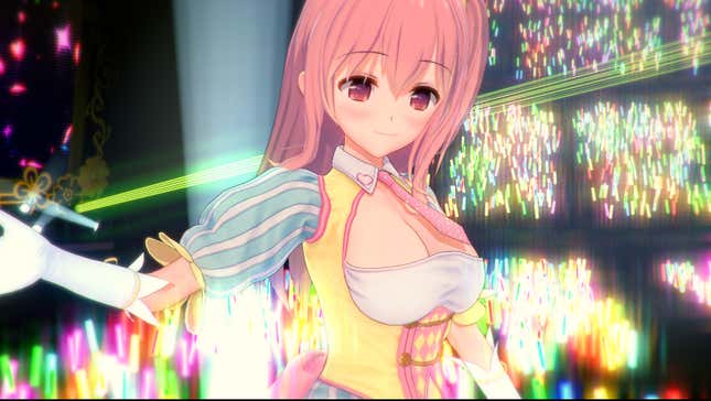 Anime dziewczyna w grze Koikatsu impreza stoi i uśmiecha się przed neonowym tłem