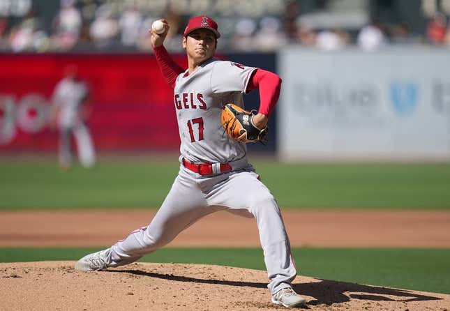 Jul 4, 2023; San Diego, California, USA;  Los Angeles Angels starting pitcher Shohei Ohtani (17) throws a pitch against the Los Angeles Angels during the second inning at Petco Park.
