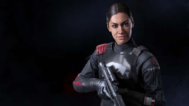 Star Wars Battlefront II's Iden Versio stands holding a gun in front of a black background.